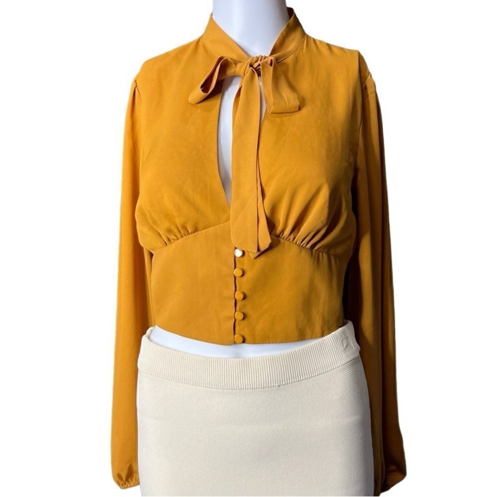Forever 21 Neck Tie Long Sleeve Button Down Blouse Yellow Size Small